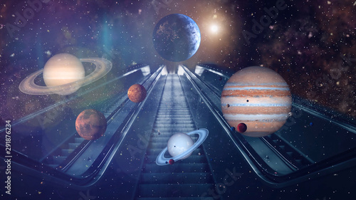 Fototapeta Naklejka Na Ścianę i Meble -  Stairway to cosmos. All planets of Solar systems in front of stair. Fantasy and Surrealistic art animation. Saturn, Uranus, Jupiter, Mars, Venus and World. 