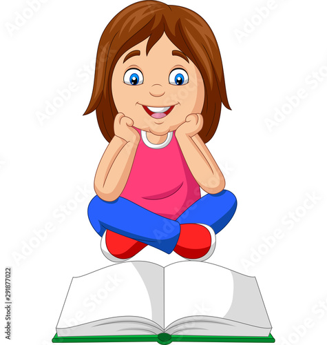 Cartoon little girl reading open book sitting on floor
