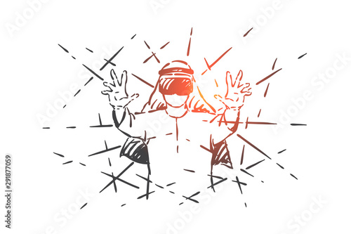 Muslim enjoying VR gaming concept sketch. Hand drawn isolated vector