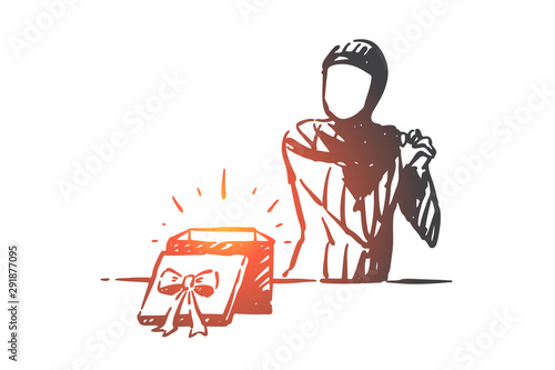Muslim woman happy with gift box concept sketch. Hand drawn isolated vector