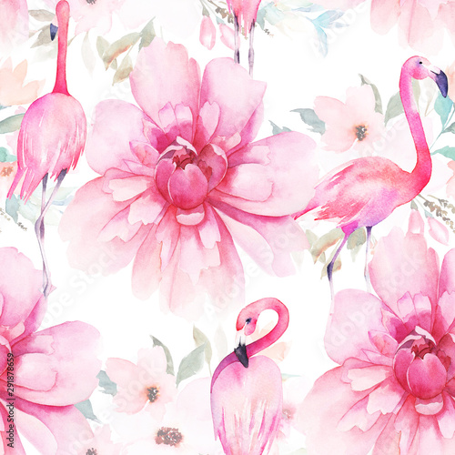 Watercolor seamless pattern. Floral print with flamingos and peonies. Hand drawn illustration