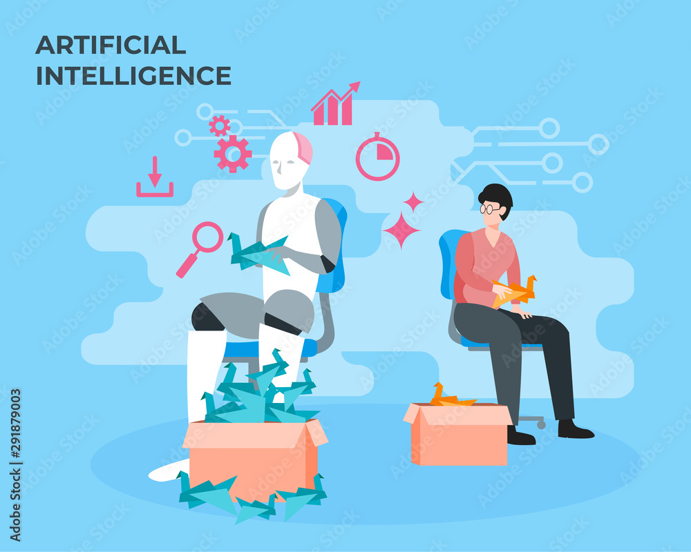 Illustration of robot vs human productivity. Artificial intelligence concept Illustration of robot vs human productivity. Artificial intelligence concept