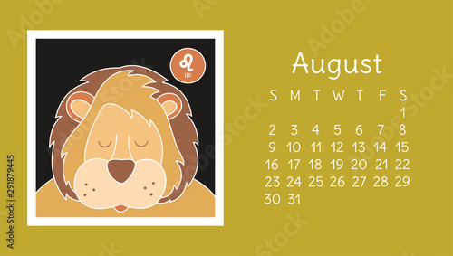 August 2020. Calendar. Zodiac sign: leo. Vector horoscope. Astrological calender. Color design