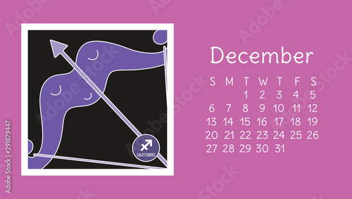 December 2020. Calendar. Zodiac sign: sagittarius. Vector horoscope. Astrological calender. Color design