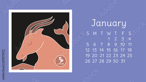 January 2020. Calendar. Zodiac sign: capricorn. Vector horoscope. Astrological calender. Color design
