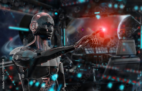 Black and red intelligent robot cyborg pointing finger on dark 3D rendering