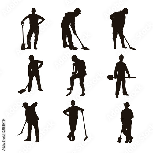 Silhouette of a worker using a shovel collection