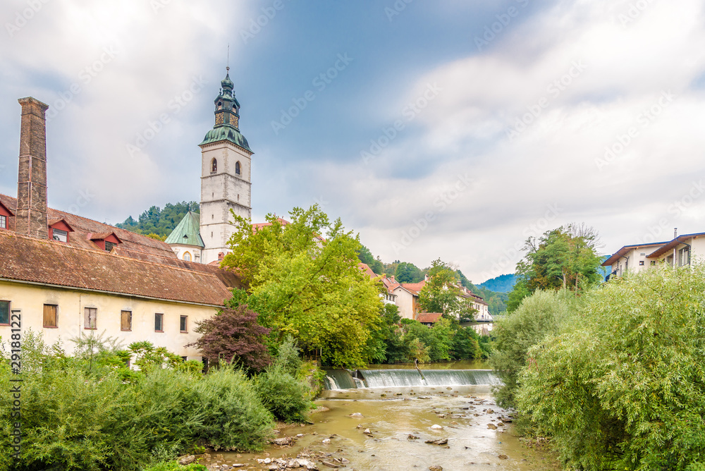 View at the Skofja Loka with Selca Sora river and Saint Jacob church in background - Slovenia