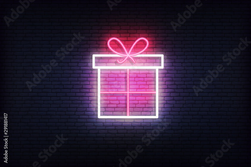 Gift box neon icon. Glowing Christmas winter holiday icon sign