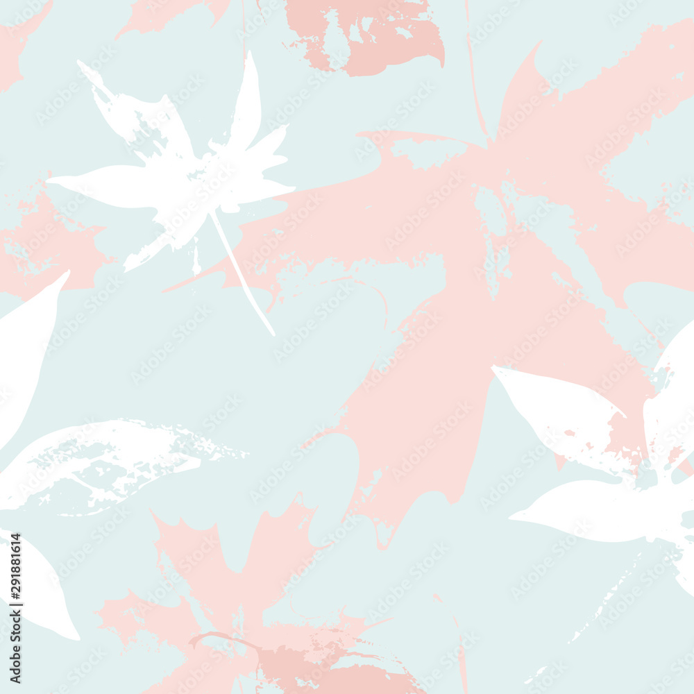 Autumnal maple leaves seamless pattern in pastel coral brown colors