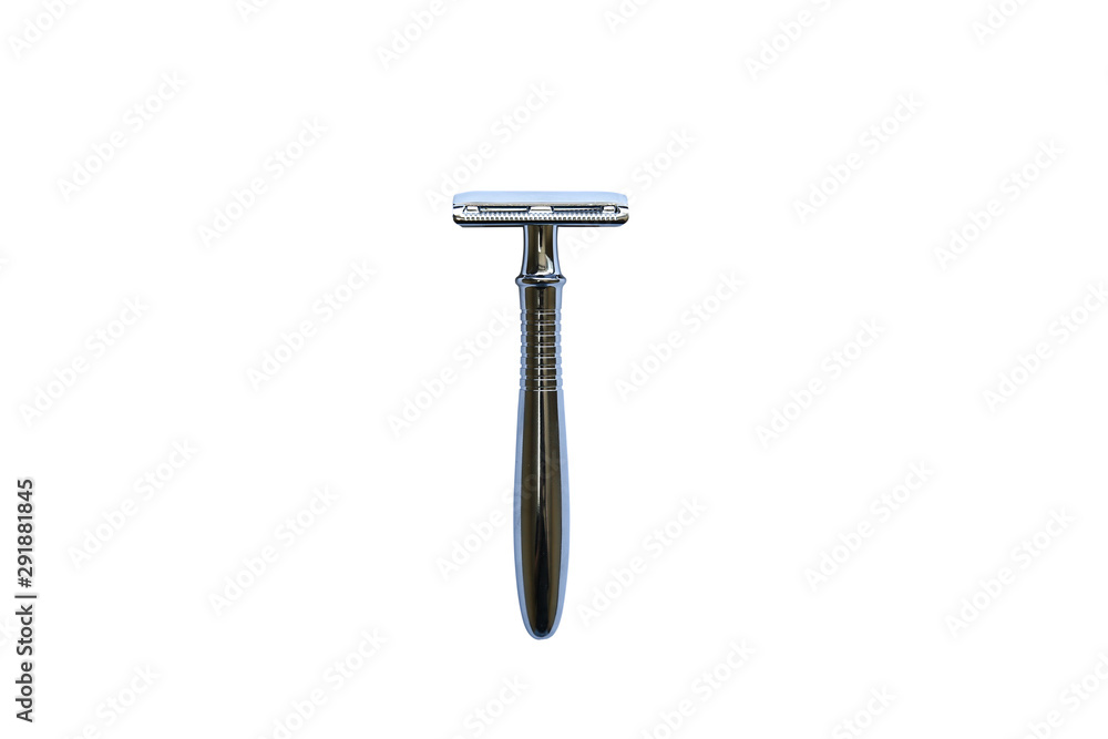 Metal razor isolated on white background. Stylish men idea for a gift. Barber shop things.