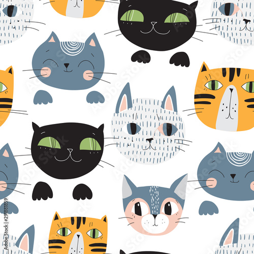 Cute cats muzzles seamless pattern. Artistic nursery background.