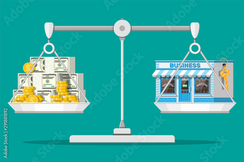 Scales with commercial property with key and money. Business valuation. Real estate business promotional, startup. Selling or buying new business. Flat vector illustration