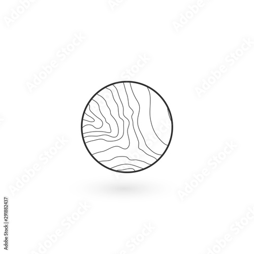 Wavy lines linear round icon of water, tree rings round Geometric identity Logo Design icon with shadow. Wood product concept Logo. Stock Vector illustration isolated on white background