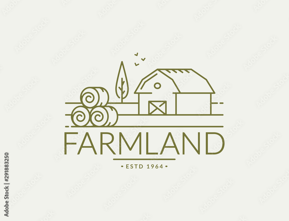Farm vector logo with farmhouse and hay bales.