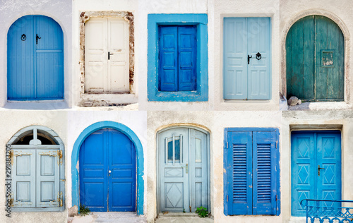 Fototapeta Naklejka Na Ścianę i Meble -  Set of blue and white doors on whitewashed buildings in Santorini, island of Greece in Europe. Tourism and traveling background. Santorini postcard concept.