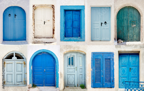 Set of blue and white doors on whitewashed buildings in Santorini, island of Greece in Europe. Tourism and traveling background. Santorini postcard concept.
