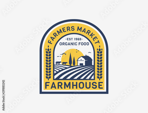Farm vector emblem with farmhouse, cows and fields.