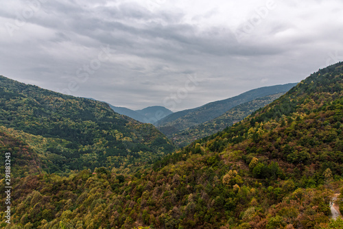 Autumn landscape view in Rhodope Mountains with green, yellow and orange leafs  © Marin