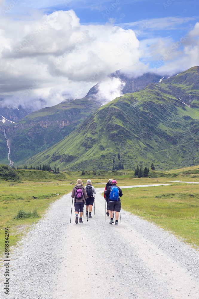 Group of eldery people go Nordic walking in the mountains.