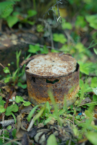 rusted cans in house garden