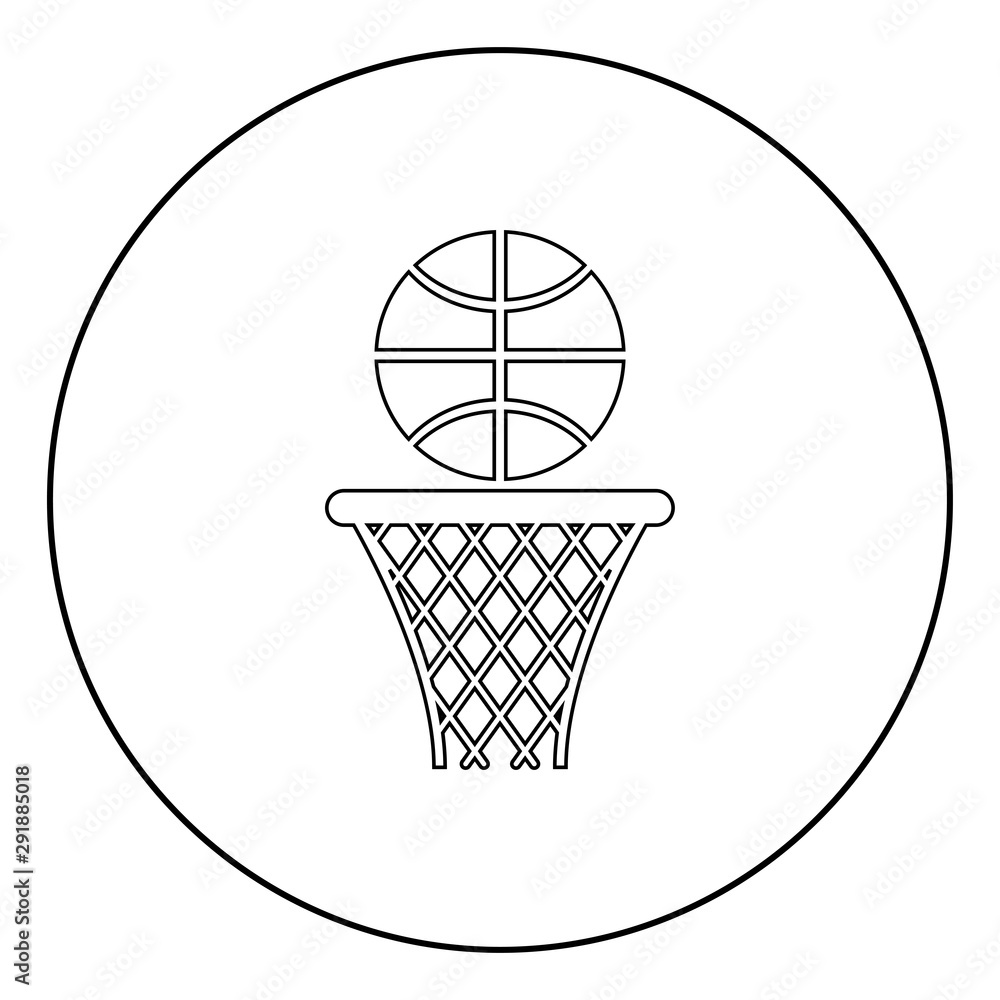 Basketball basket and ball Hoop net and ball icon in circle round outline black color vector illustration flat style image Basketball basket and ball Hoop net and ball icon in circle round outline black color vector illustration flat style image