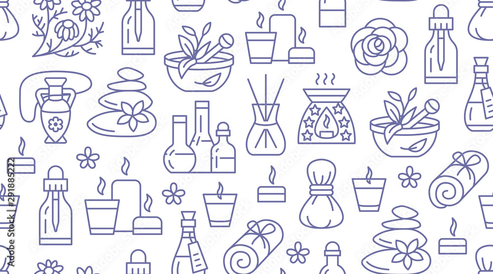 Aromatherapy seamless pattern with vector flat line icons. Essential oil vector background - diffuser, aroma candles, herbal flavors, stone massage, spa lotion. Backdrop for physiotherapy clinic Aromatherapy seamless pattern with vector flat line icons. Essential oil vector background - diffuser, aroma candles, herbal flavors, stone massage, spa lotion. Backdrop for physiotherapy clinic