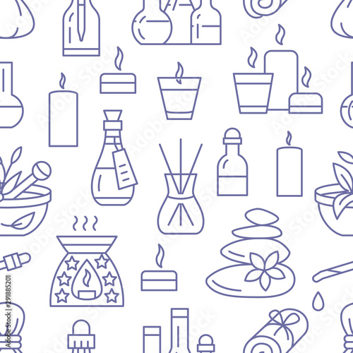 Aromatherapy seamless pattern with vector flat line icons. Essential oil vector background - diffuser, aroma candles, herbal flavors, stone massage, spa lotion. Backdrop for physiotherapy clinic