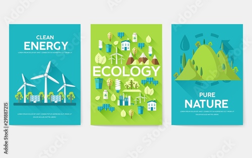 Ecology information cards set. Ecological template of flyear, magazines, posters, book cover, banners. Eco infographic concept background. Layout illustrations modern pages with typography text