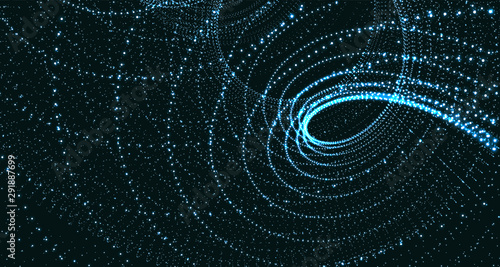Array with dynamic particles. Swirl with connected dots. Abstract science or technology background. 3d vector illustration.