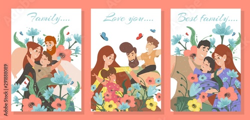 Set of Happy Family Cards Parents and Kids Banners