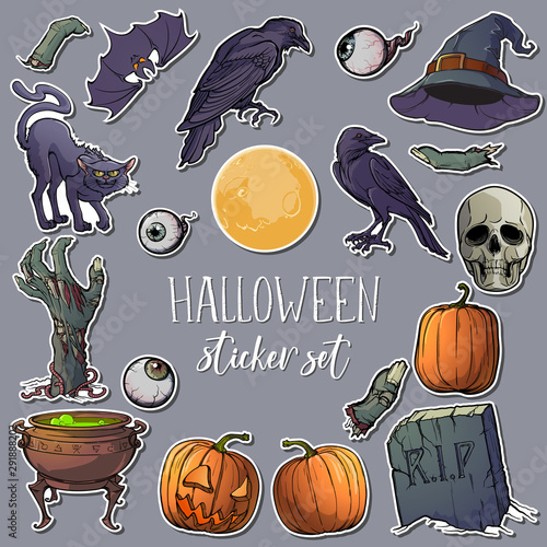 Hallooween spooky sticker set. 21 original elements isolated on white background. EPS10 vector illustration