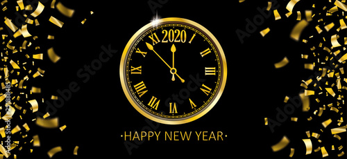 Happy New Year clock 2020 golden confetti