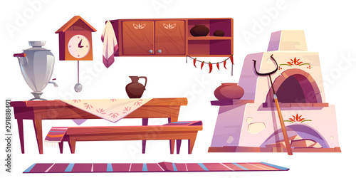 Old russian interior for kitchen. Traditional stove, wooden table, bench, cuckoo-clock, samovar, grip, shelf with pots, jug for milk, rag set isolated on white background. Cartoon vector illustration