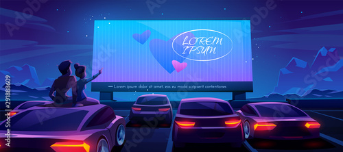 Couple at car cinema. Romantic dating in drive-in theater with automobiles stand in open air parking at night. Loving man and woman sitting on auto roof watching love movie Cartoon vector illustration
