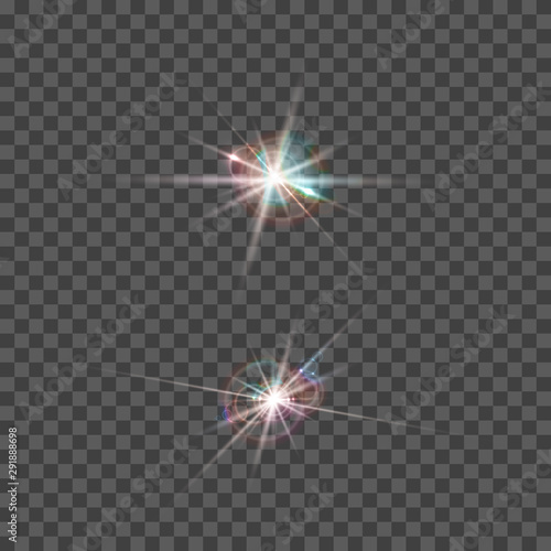 Set of vector lens flare effect. Round isolated transparent optical elements with rays. Space star explosion.
