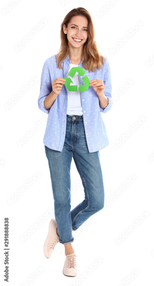 Young woman with recycling symbol on white background Young woman with recycling symbol on white background
