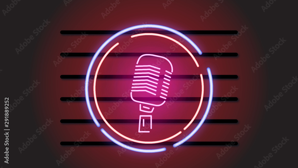 Neon signboard with microphone in round frame Neon signboard with microphone in round frame