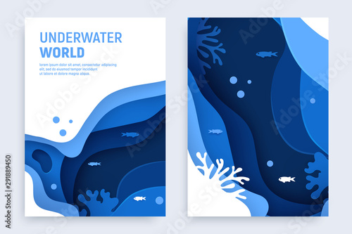Underwater ocean abstract paper art background set. Paper cut underwater background with wave and coral reefs. Save the ocean concept. Craft vector illustration