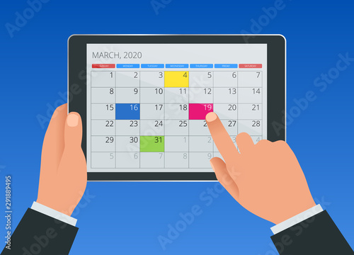 Flat female hand with a tablet with a calendar, one month plans. Calendar icon, schedule, planning app on tablet screen.