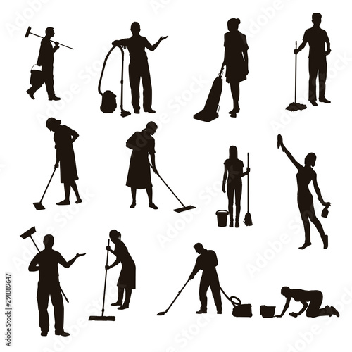 Janitor Doing Cleaning Activities Silhouettes