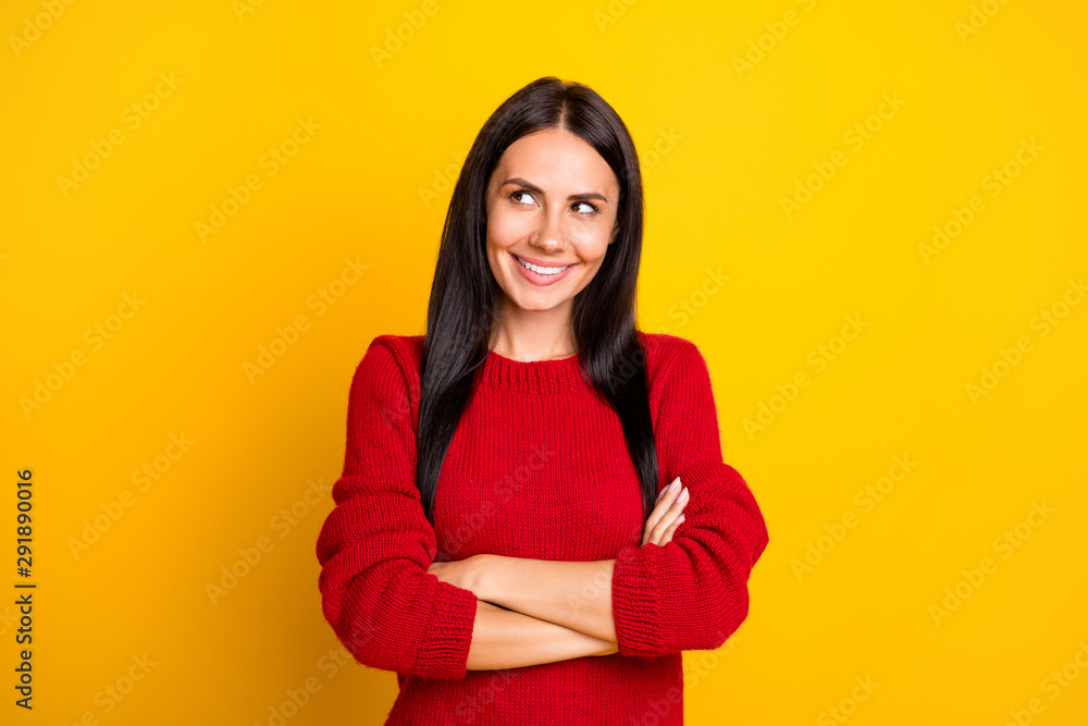 Obraz premium Portrait of cute lady think cross hands wear red pullover isolated over bright color background
