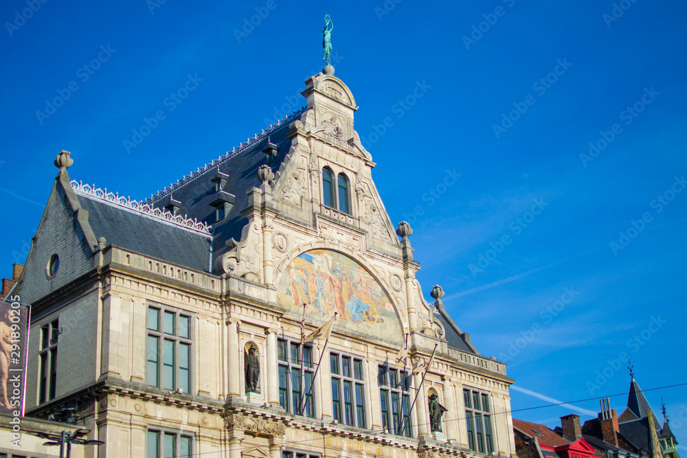 Facade of Nederlands Toneel Gent (NTGent or NTG), a famous theatre in Sint-Baafsplein square, in Ghent, Belgium