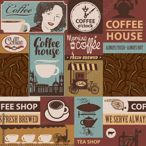 Vector seamless pattern on coffee and coffee house theme with coffee beans, inscriptions and illustrations in retro style. Suitable for wallpaper, wrapping paper or fabric