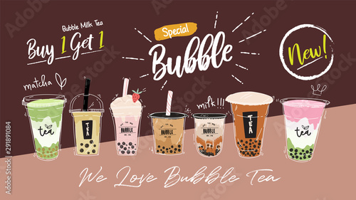 Bubble tea cup design collection,Pearl milk tea , Yummy drinks, coffees and soft drinks with doodle style banner, Advertising design template . - Vector