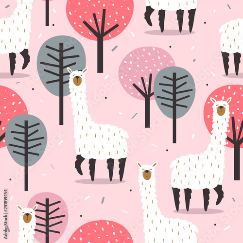 Lamas, trees,  hand drawn backdrop. Colorful seamless pattern with animals and forest. Decorative cute wallpaper, good for printing. Overlapping background vector, happy alpacas. Llama