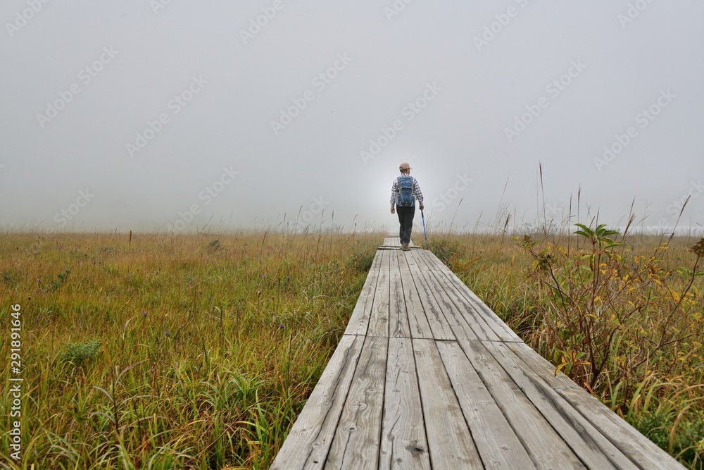 Obraz premium 秋の高原・木道を歩くハイカー