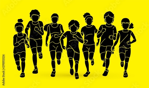 Group of Children running together cartoon graphic vector
