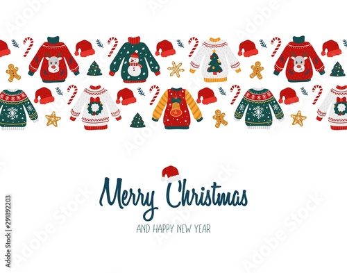 Merry Christmas and Happy New year greeting card vector illustration. Template with ugly sweaters candies gingerbreads and santa claus cap flat style design. Holidays congratulations concept