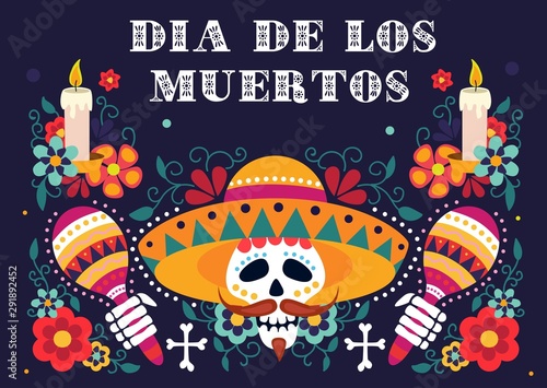 Mexican day of dead festive greeting card vector illustration. Dia de los muertos poster with skull in sombrero holding maracas, floral design with candles flat style concept